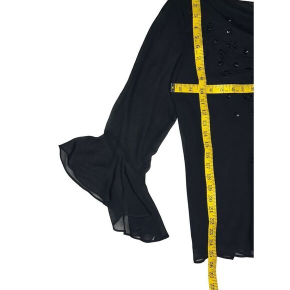 Studio I top women’s size 10 sheer black long sleeve ruffle beaded drape neck - Picture 4 of 9